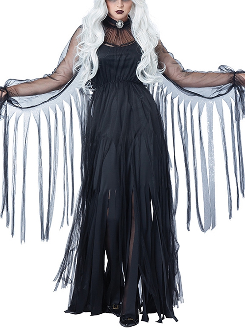 Gothic Black Mesh Sleeve Long Dress Set Halloween Ghost Bride Demon Vampire Zombie Costume Female