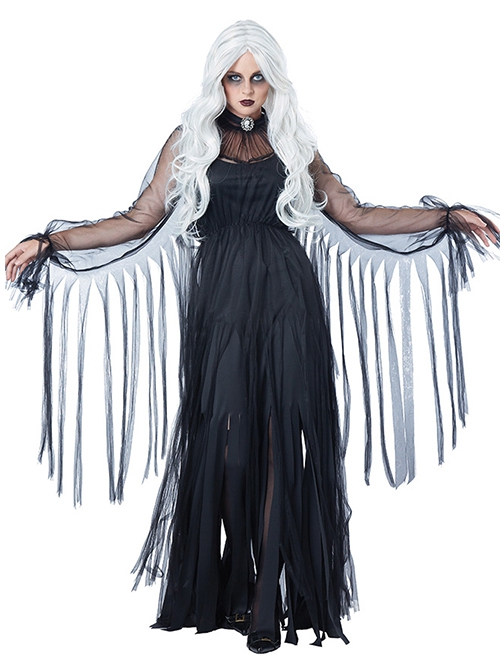 Gothic Black Mesh Sleeve Long Dress Set Halloween Ghost Bride Demon Vampire Zombie Costume Female