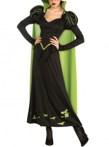 Green Stand Collar Cloak Black Puff Sleeve Slim Long Dress Set Halloween Demon Vampire Witch Uniform