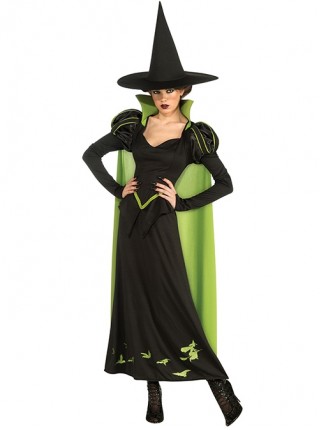 Green Stand Collar Cloak Black Puff Sleeve Slim Long Dress Set Halloween Demon Vampire Witch Uniform