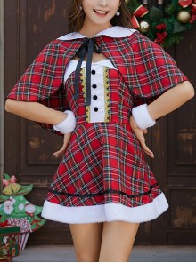 Sweet Cute Girlish Small Shawl Cloak Red-green Plaid Stripe Short Dress Set Christmas Fairy Tale Style Costume Female