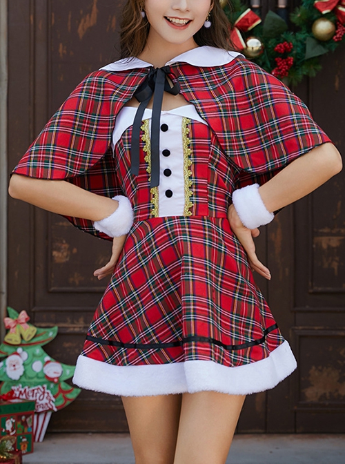 Sweet Cute Girlish Small Shawl Cloak Red-green Plaid Stripe Short Dress Set Christmas Fairy Tale Style Costume Female