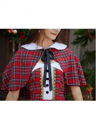 Sweet Cute Girlish Small Shawl Cloak Red-green Plaid Stripe Short Dress Set Christmas Fairy Tale Style Costume Female