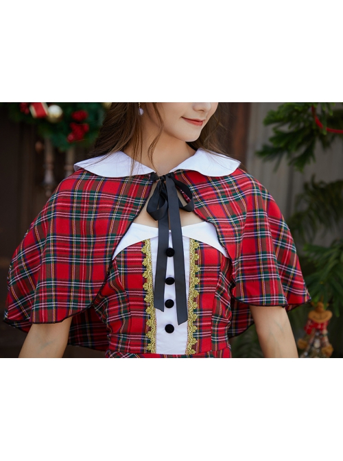 Sweet Cute Girlish Small Shawl Cloak Red-green Plaid Stripe Short Dress Set Christmas Fairy Tale Style Costume Female