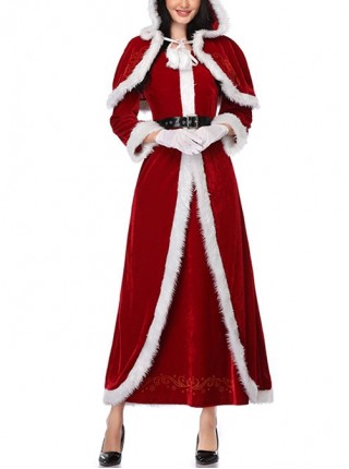 Red Short Hooded Shawl Cloak Elastic Slim Long Sleeve Dress Set Christmas Costume Female