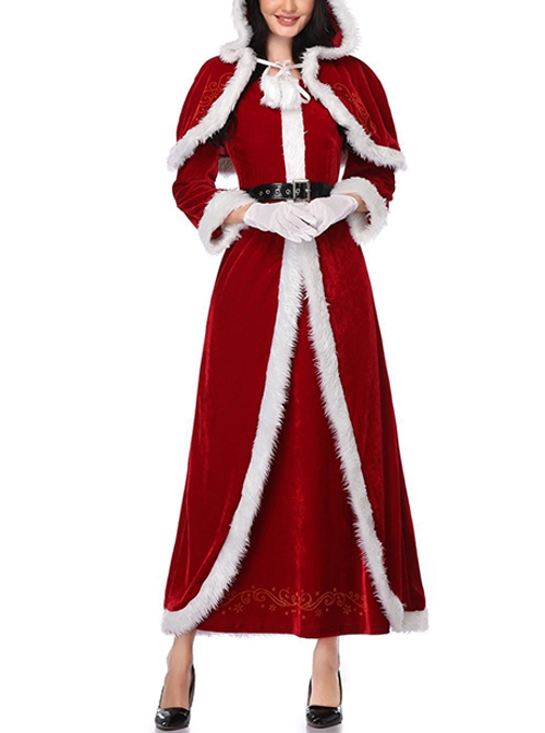 Red Short Hooded Shawl Cloak Elastic Slim Long Sleeve Dress Set Christmas Costume Female