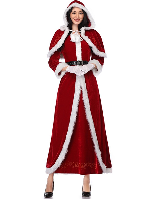 Red Short Hooded Shawl Cloak Elastic Slim Long Sleeve Dress Set Christmas Costume Female