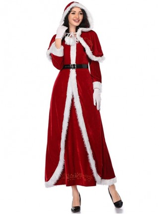 Red Short Hooded Shawl Cloak Elastic Slim Long Sleeve Dress Set Christmas Costume Female