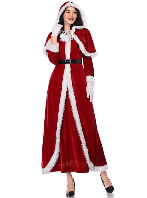 Red Short Hooded Shawl Cloak Elastic Slim Long Sleeve Dress Set Christmas Costume Female