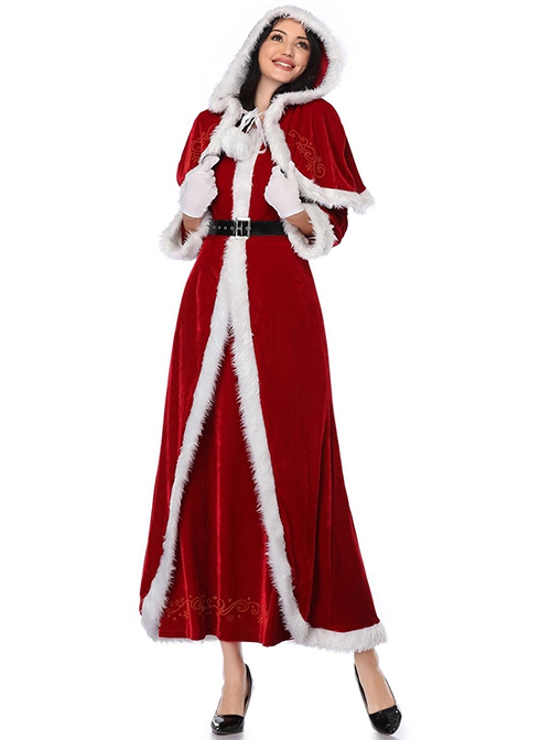 Red Short Hooded Shawl Cloak Elastic Slim Long Sleeve Dress Set Christmas Costume Female