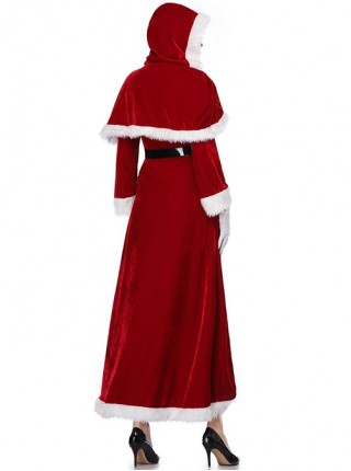 Red Short Hooded Shawl Cloak Elastic Slim Long Sleeve Dress Set Christmas Costume Female