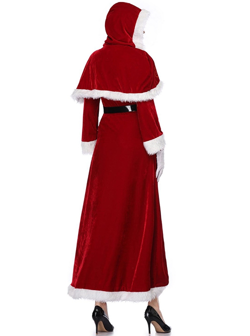 Red Short Hooded Shawl Cloak Elastic Slim Long Sleeve Dress Set Christmas Costume Female