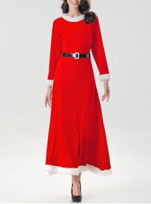 Red Long Sleeve Round Collar Dense Velvet Dress Christmas Party Prom Performance Costume Female