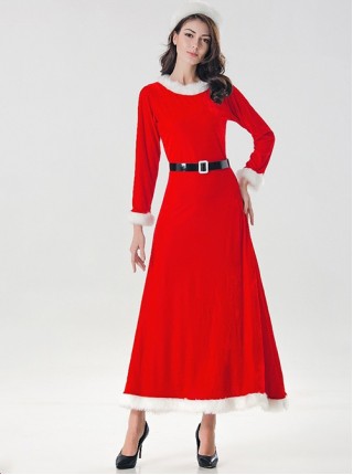 Red Long Sleeve Round Collar Dense Velvet Dress Christmas Party Prom Performance Costume Female