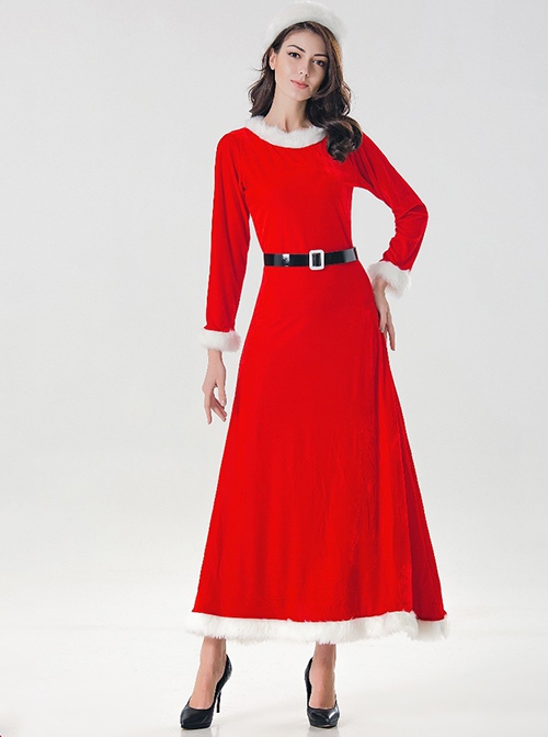 Red Long Sleeve Round Collar Dense Velvet Dress Christmas Party Prom Performance Costume Female