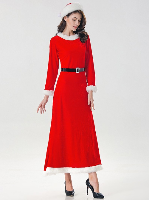 Red Long Sleeve Round Collar Dense Velvet Dress Christmas Party Prom Performance Costume Female