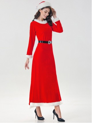 Red Long Sleeve Round Collar Dense Velvet Dress Christmas Party Prom Performance Costume Female