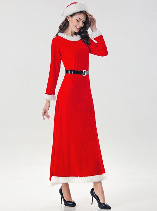 Red Long Sleeve Round Collar Dense Velvet Dress Christmas Party Prom Performance Costume Female