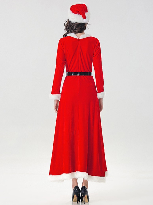 Red Long Sleeve Round Collar Dense Velvet Dress Christmas Party Prom Performance Costume Female