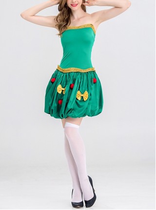 Bow Plush Ball Decoration Short Green Tube Top Dress Christmas Tree Modeling Costume Female