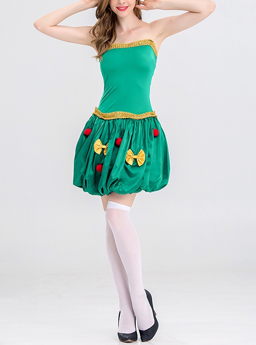 Bow Plush Ball Decoration Short Green Tube Top Dress Christmas Tree Modeling Costume Female