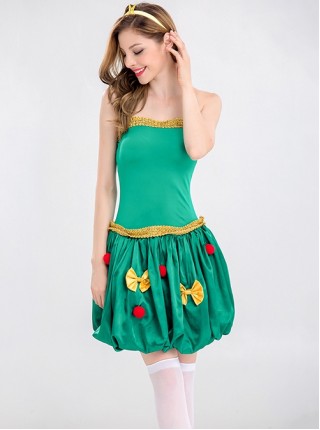 Bow Plush Ball Decoration Short Green Tube Top Dress Christmas Tree Modeling Costume Female