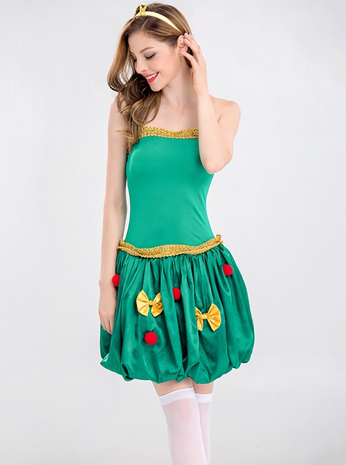 Bow Plush Ball Decoration Short Green Tube Top Dress Christmas Tree Modeling Costume Female