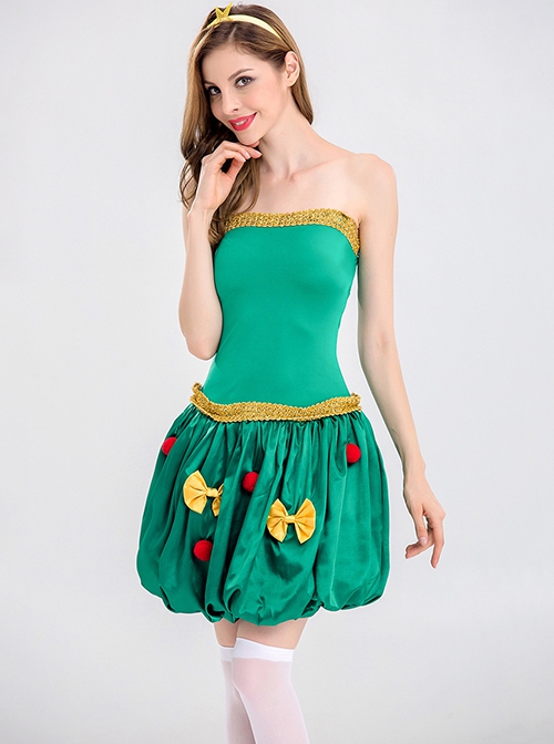 Bow Plush Ball Decoration Short Green Tube Top Dress Christmas Tree Modeling Costume Female