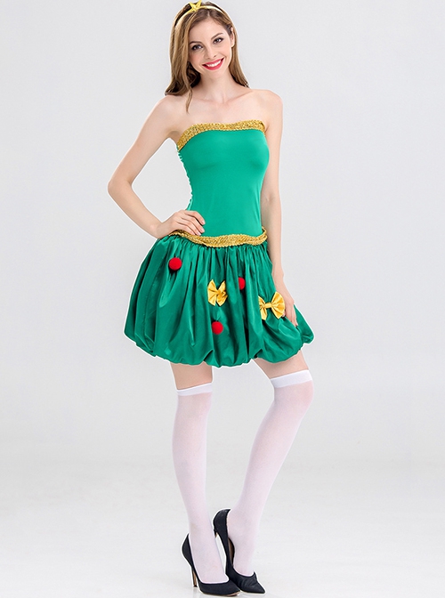 Bow Plush Ball Decoration Short Green Tube Top Dress Christmas Tree Modeling Costume Female