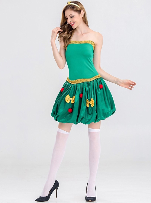 Bow Plush Ball Decoration Short Green Tube Top Dress Christmas Tree Modeling Costume Female