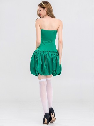 Bow Plush Ball Decoration Short Green Tube Top Dress Christmas Tree Modeling Costume Female