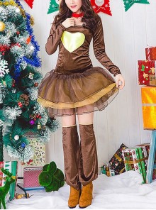 Hooded Shawl Yellow Love Decoration Brown Long Sleeve Mesh Dress Set Christmas Reindeer Modeling Costume Female
