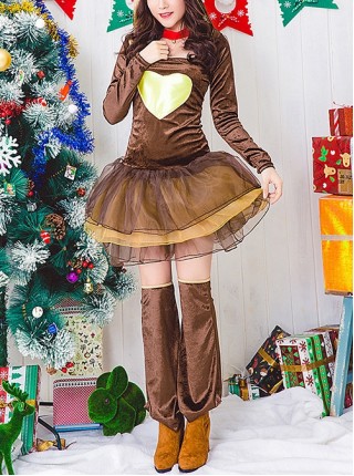 Hooded Shawl Yellow Love Decoration Brown Long Sleeve Mesh Dress Set Christmas Reindeer Modeling Costume Female