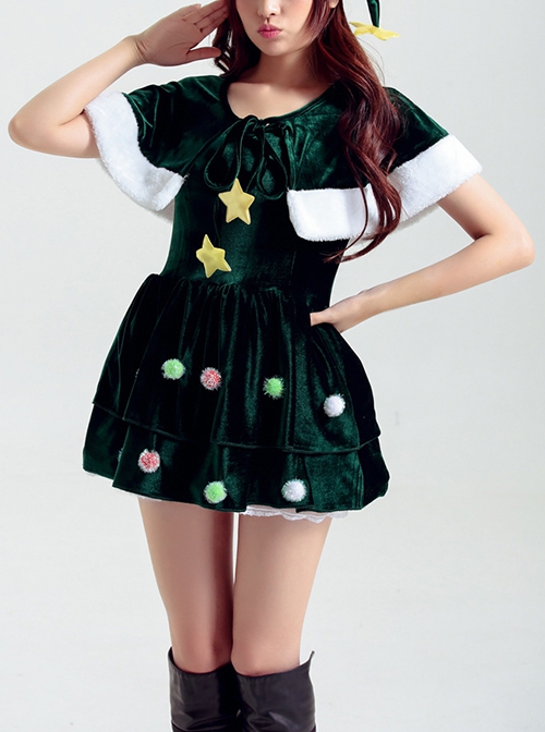 Star Plush Ball Decoration Green Round Collar Shawl Short Dress Christmas Tree Modeling Costume Female