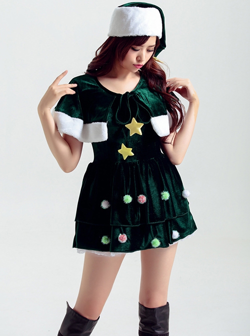 Star Plush Ball Decoration Green Round Collar Shawl Short Dress Christmas Tree Modeling Costume Female