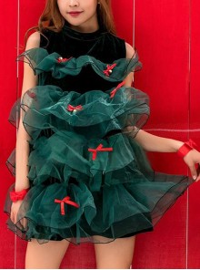 Sweet Daily Green Short Sleeveless Multi-stage Style Puffy Mesh Dress Christmas Tree Modeling Costume Female