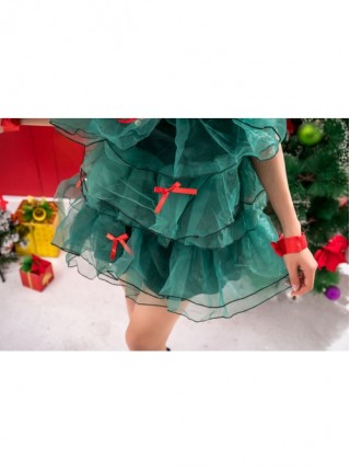 Sweet Daily Green Short Sleeveless Multi-stage Style Puffy Mesh Dress Christmas Tree Modeling Costume Female