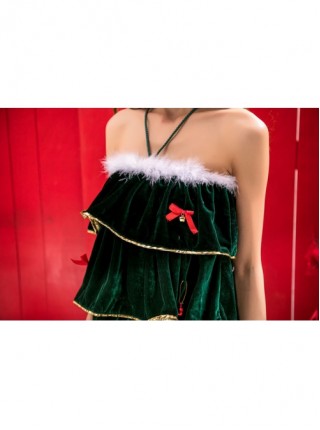 Sweet Daily Dark Green Short Halter Multi-stage Style Puffy Dress Christmas Tree Modeling Costume Female