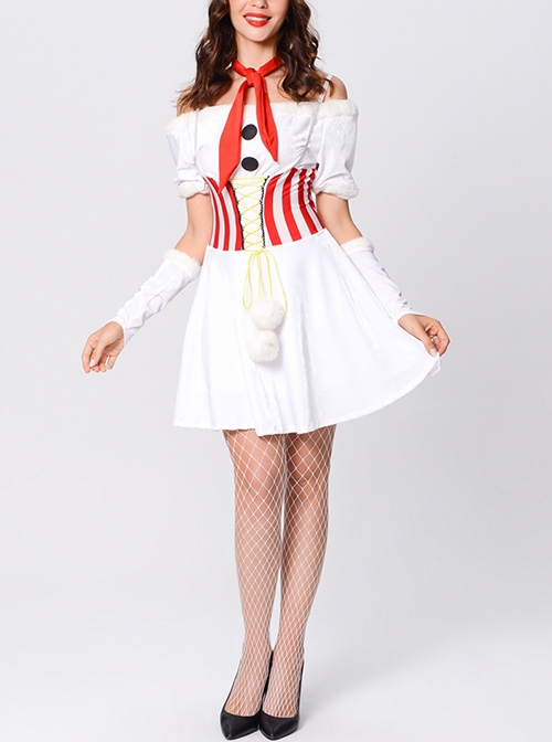Red Scarf White Plush Hat Short Christmas Sling Shoulderless Short Dress Set Female