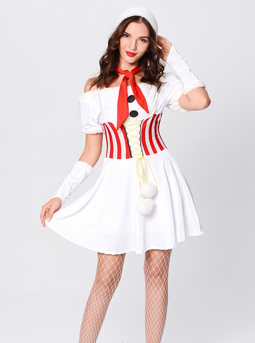 Red Scarf White Plush Hat Short Christmas Sling Shoulderless Short Dress Set Female