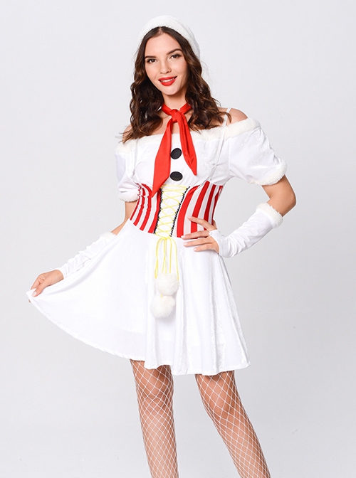 Red Scarf White Plush Hat Short Christmas Sling Shoulderless Short Dress Set Female