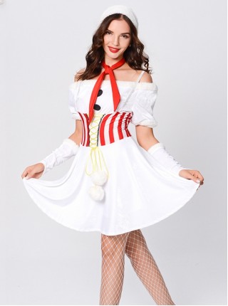 Red Scarf White Plush Hat Short Christmas Sling Shoulderless Short Dress Set Female