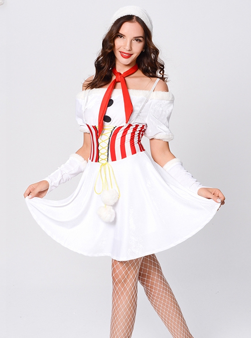 Red Scarf White Plush Hat Short Christmas Sling Shoulderless Short Dress Set Female