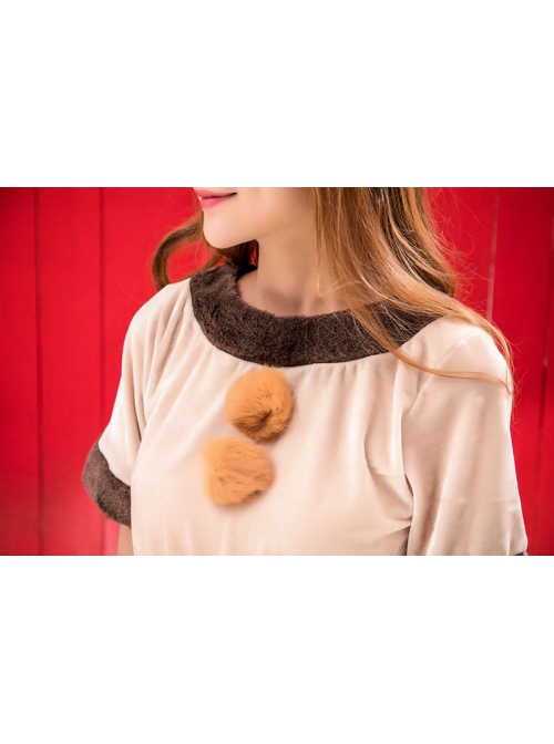 Cute Brown Plush Gloves Beige Round Collar Short Sleeve Dress Set Christmas Reindeer Modeling Costume Female