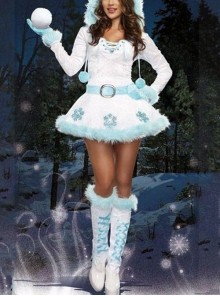 Plush Ball Drawstring Neckline Snowflake Print Long Sleeve White Hooded Short Dress Christmas Costume Female