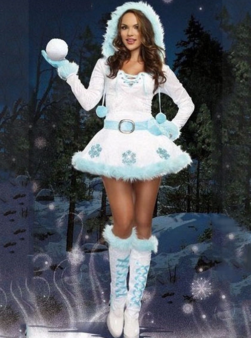 Plush Ball Drawstring Neckline Snowflake Print Long Sleeve White Hooded Short Dress Christmas Costume Female