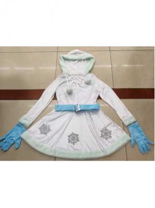 Plush Ball Drawstring Neckline Snowflake Print Long Sleeve White Hooded Short Dress Christmas Costume Female