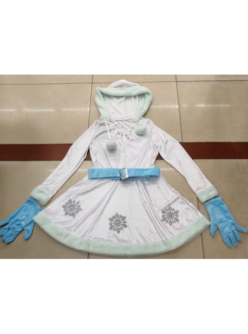 Plush Ball Drawstring Neckline Snowflake Print Long Sleeve White Hooded Short Dress Christmas Costume Female