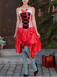 Cute Red Bow Bandage Tube Top Puffy Cake Short Dress Christmas Costume Female