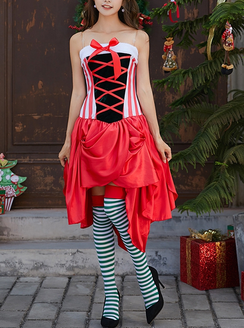 Cute Red Bow Bandage Tube Top Puffy Cake Short Dress Christmas Costume Female